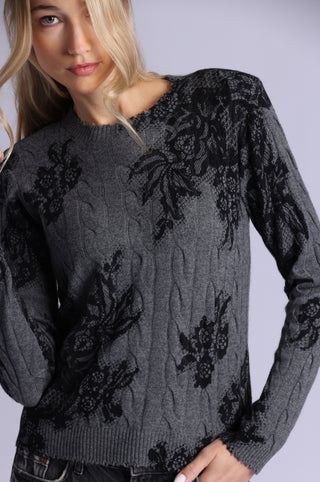 Cashmere Printed Lace Cabel Crew Neck