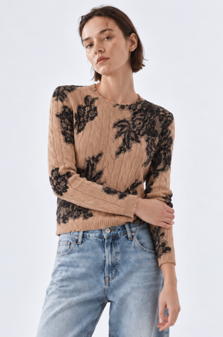 Cashmere Printed Lace Cable Crew Neck
