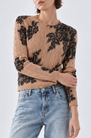 Cashmere Printed Lace Cabel Crew Neck
