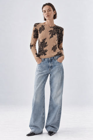Cashmere Printed Lace Cabel Crew Neck
