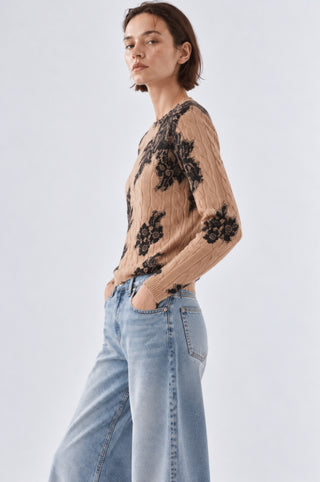 Cashmere Printed Lace Cabel Crew Neck