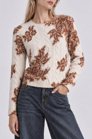 Cashmere Printed Lace Cabel Crew Neck