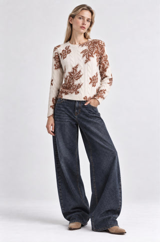 Cashmere Printed Lace Cabel Crew Neck