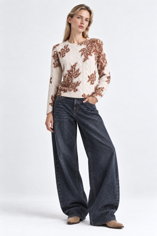 Cashmere Printed Lace Cable Crew Neck