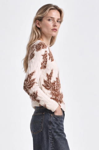 Cashmere Printed Lace Cable Crew Neck