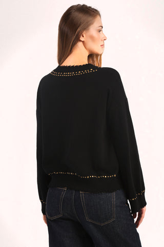 Cotton Cashmere Frayed Bell Sleeve Studded Crew