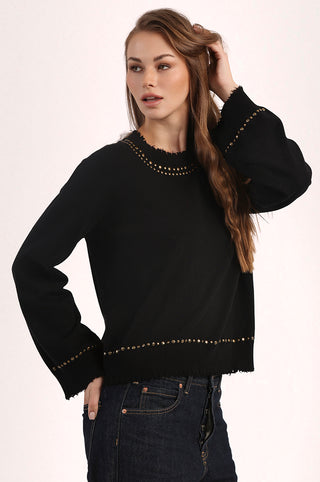 Cotton Cashmere Frayed Bell Sleeve Studded Crew