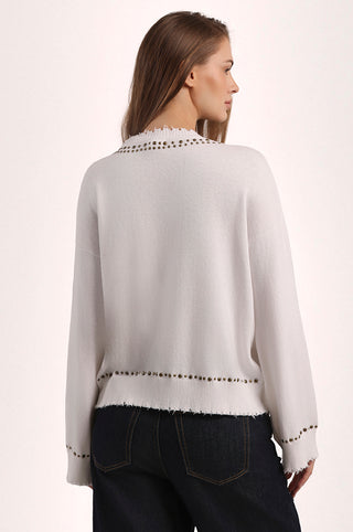 Cotton Cashmere Frayed Bell Sleeve Studded Crew
