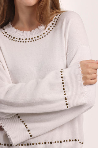 Cotton Cashmere Frayed Bell Sleeve Studded Crew