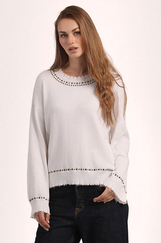 Cotton Cashmere Frayed Bell Sleeve Studded Crew