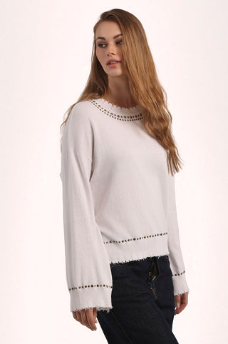 Cotton Cashmere Frayed Bell Sleeve Studded Crew
