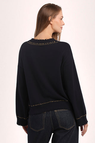 Cotton Cashmere Frayed Bell Sleeve Studded Crew