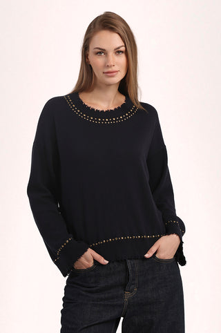 Cotton Cashmere Frayed Bell Sleeve Studded Crew