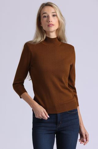 Cotton Cashmere Power Shoulder 3/4 Sleeve Mock