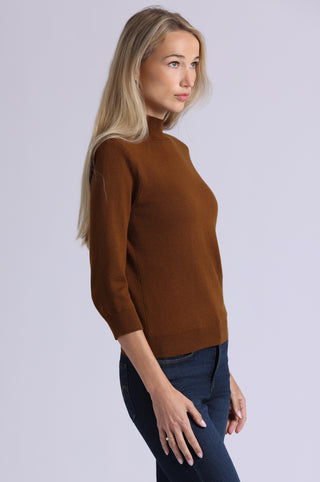 Cotton Cashmere Power Shoulder 3/4 Sleeve Mock