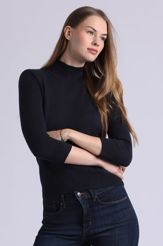 Cotton Cashmere Power Shoulder 3/4 Sleeve Mock