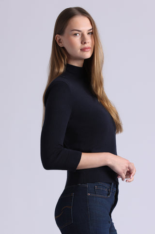 Cotton Cashmere Power Shoulder 3/4 Sleeve Mock
