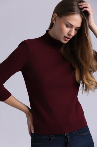 Cotton Cashmere Power Shoulder 3/4 Sleeve Mock