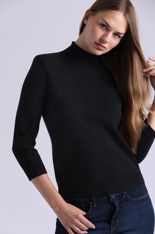 Cotton Cashmere Power Shoulder 3/4 Sleeve Mock