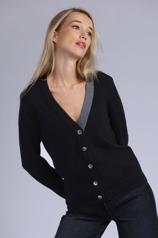 Cotton Cashmere V Neck Cardigan with Contrast Placket