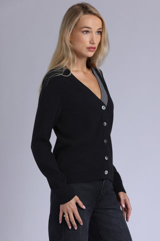 Cotton Cashmere V Neck Cardigan with Contrast Placket