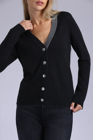 Cotton Cashmere V Neck Cardigan with Contrast Placket