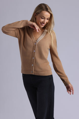 Cotton Cashmere V Neck Cardigan with Contrast Placket