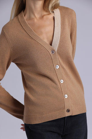 Cotton Cashmere V Neck Cardigan with Contrast Placket