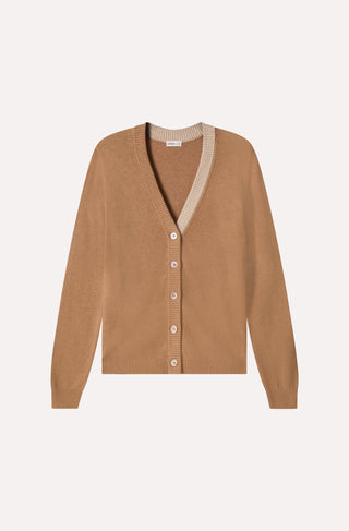 Cotton Cashmere V Neck Cardigan with Contrast Placket