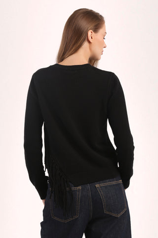 Cotton Cashmere Fringe Trim Crew Neck