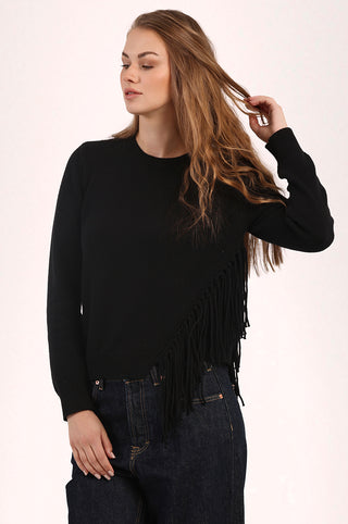 Cotton Cashmere Fringe Trim Crew Neck