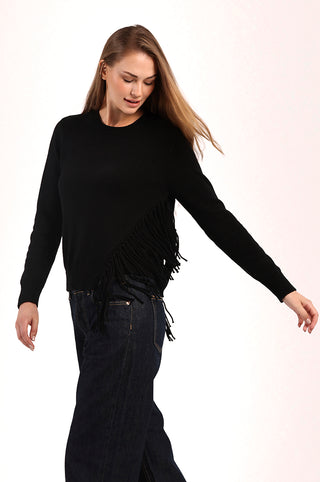 Cotton Cashmere Fringe Trim Crew Neck