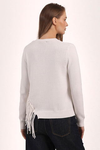 Cotton Cashmere Fringe Trim Crew Neck