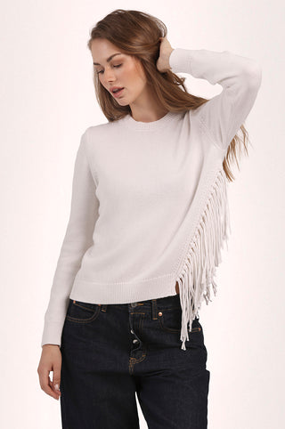 Cotton Cashmere Fringe Trim Crew Neck