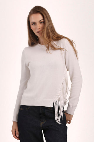 Cotton Cashmere Fringe Trim Crew Neck