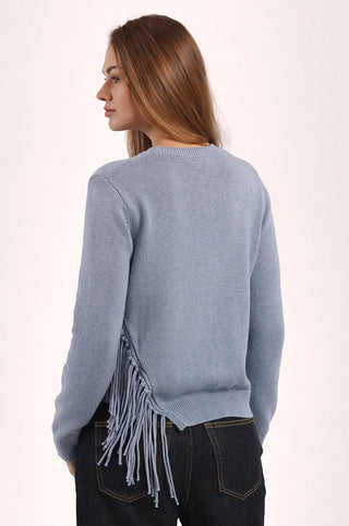 Cotton Cashmere Fringe Trim Crew Neck