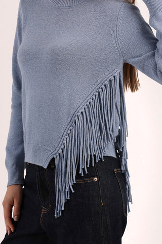 Cotton Cashmere Fringe Trim Crew Neck