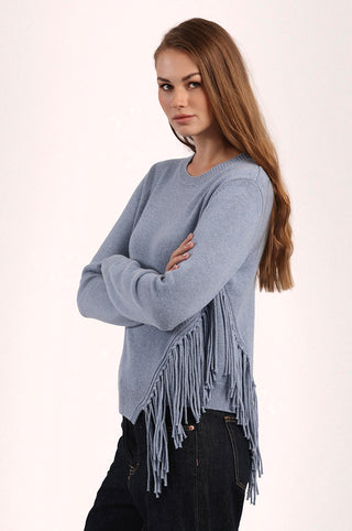 Cotton Cashmere Fringe Trim Crew Neck