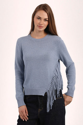 Cotton Cashmere Fringe Trim Crew Neck