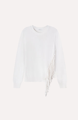 Cotton Cashmere Fringe Trim Crew Neck