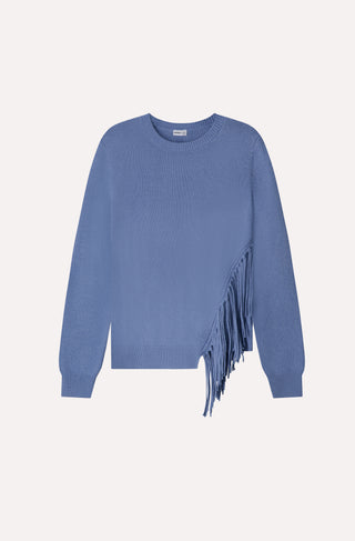 Cotton Cashmere Fringe Trim Crew Neck