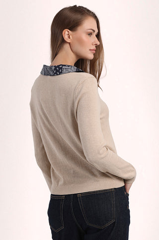Cotton Cashmere Woven Bandana Collar Pullover