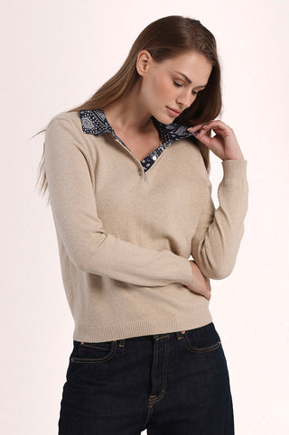 Cotton Cashmere Woven Bandana Collar Pullover
