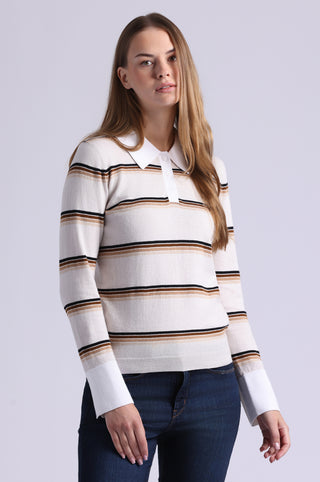 Cotton Cashmere Striped Long Sleeve Collared Polo
