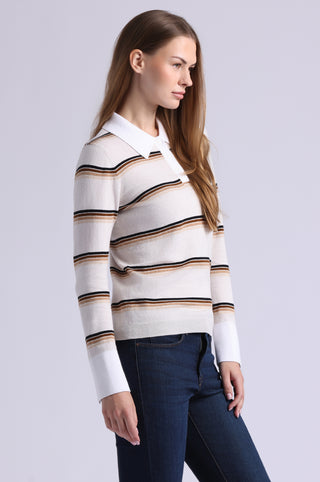 Cotton Cashmere Striped Long Sleeve Collared Polo