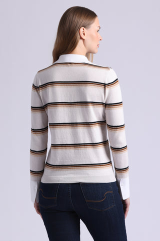 Cotton Cashmere Striped Long Sleeve Collared Polo