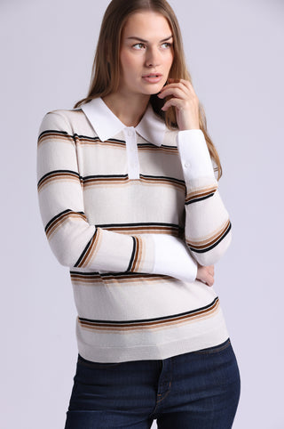 Cotton Cashmere Striped Long Sleeve Collared Polo