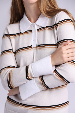 Cotton Cashmere Striped Long Sleeve Collared Polo