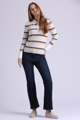 Cotton Cashmere Striped Long Sleeve Collared Polo