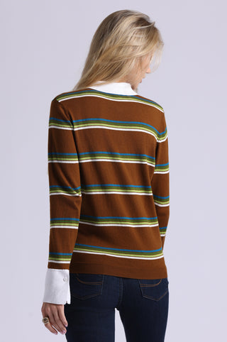 Cotton Cashmere Striped Long Sleeve Collared Polo